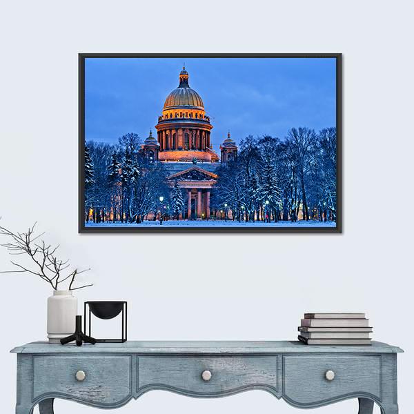 St. Isaac's Cathedral in Winter Evening Canvas Wall Art in white, orange and blue, framed canvas, product view on a white background