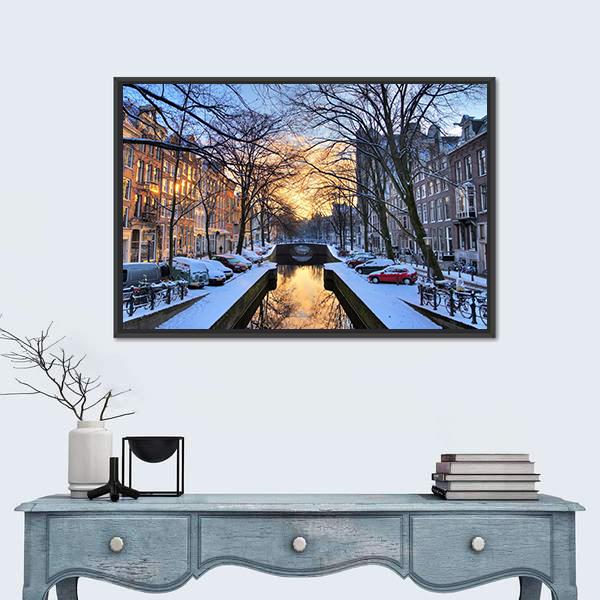Winter View On The City Canals Of Amsterdam Canvas Wall Art-1 Piece-Floating Frame-24&quot; x 16&quot;-Tiaracle