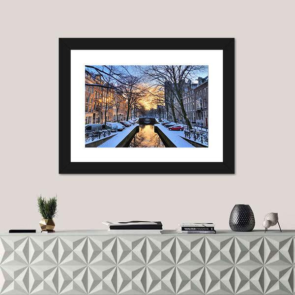 Winter View On The City Canals Of Amsterdam Canvas Wall Art-1 Piece-Framed Print-20&quot; x 16&quot;-Tiaracle