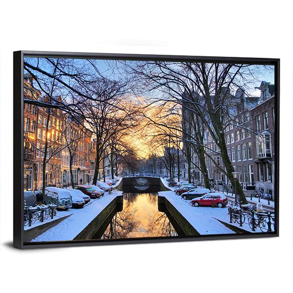 Winter View On The City Canals Of Amsterdam Canvas Wall Art-3 Horizontal-Gallery Wrap-25" x 16"-Tiaracle