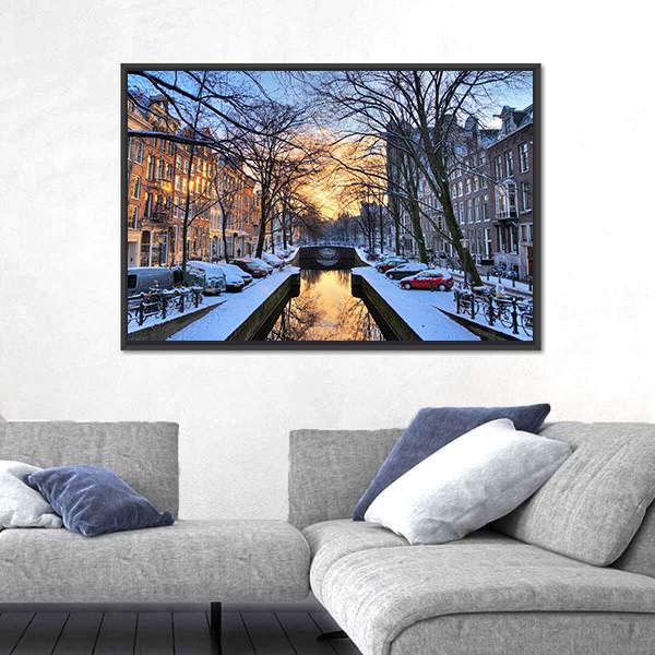 Winter View On The City Canals Of Amsterdam Canvas Wall Art-5 Horizontal-Gallery Wrap-22" x 12"-Tiaracle