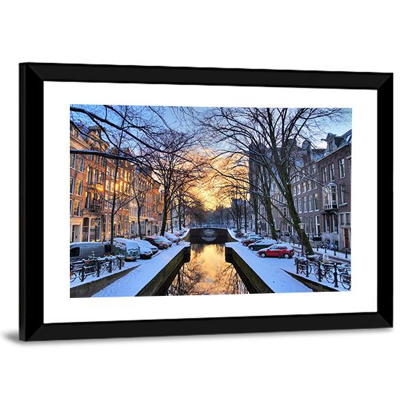 Winter View On The City Canals Of Amsterdam Canvas Wall Art-3 Horizontal-Gallery Wrap-25" x 16"-Tiaracle