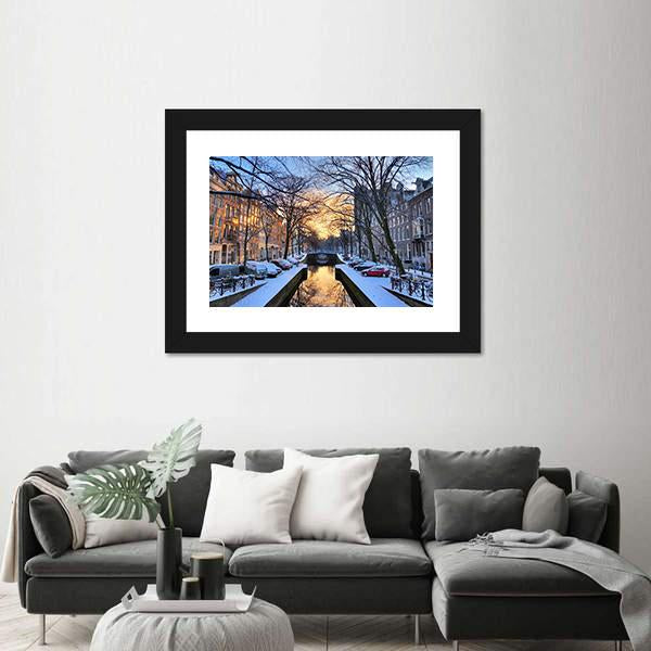 Winter View On The City Canals Of Amsterdam Canvas Wall Art-3 Horizontal-Gallery Wrap-25" x 16"-Tiaracle