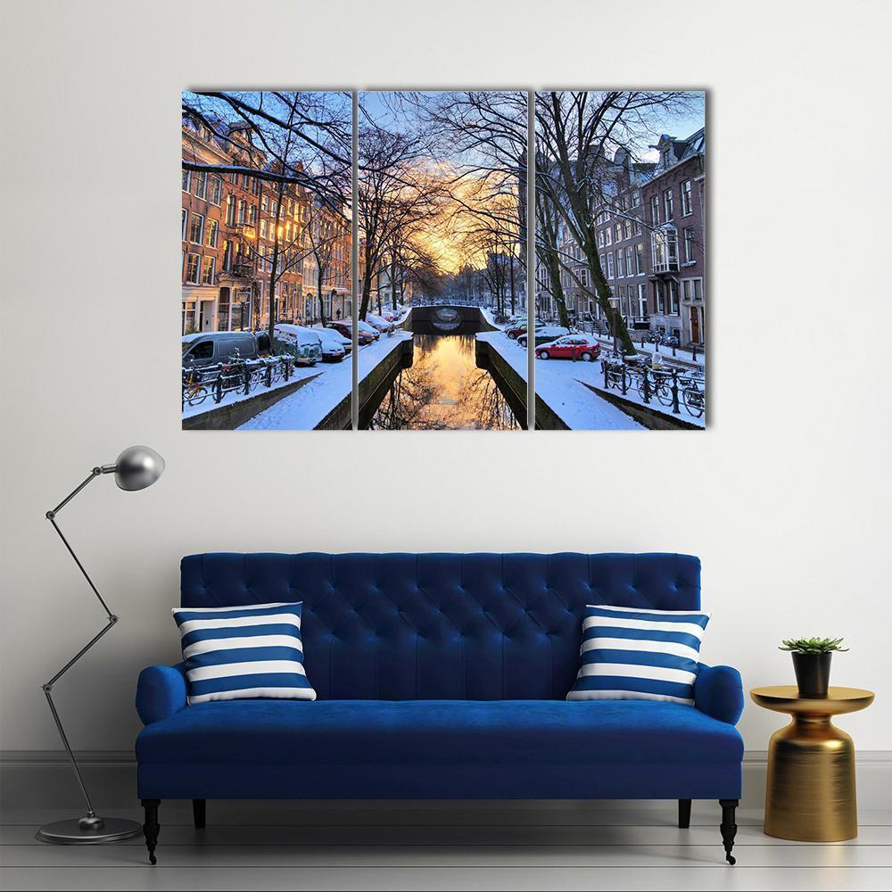 Winter View On The City Canals Of Amsterdam Canvas Wall Art-3 Horizontal-Gallery Wrap-37" x 24"-Tiaracle