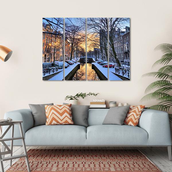 Winter View On The City Canals Of Amsterdam Canvas Wall Art-4 Horizontal-Gallery Wrap-34&quot; x 24&quot;-Tiaracle