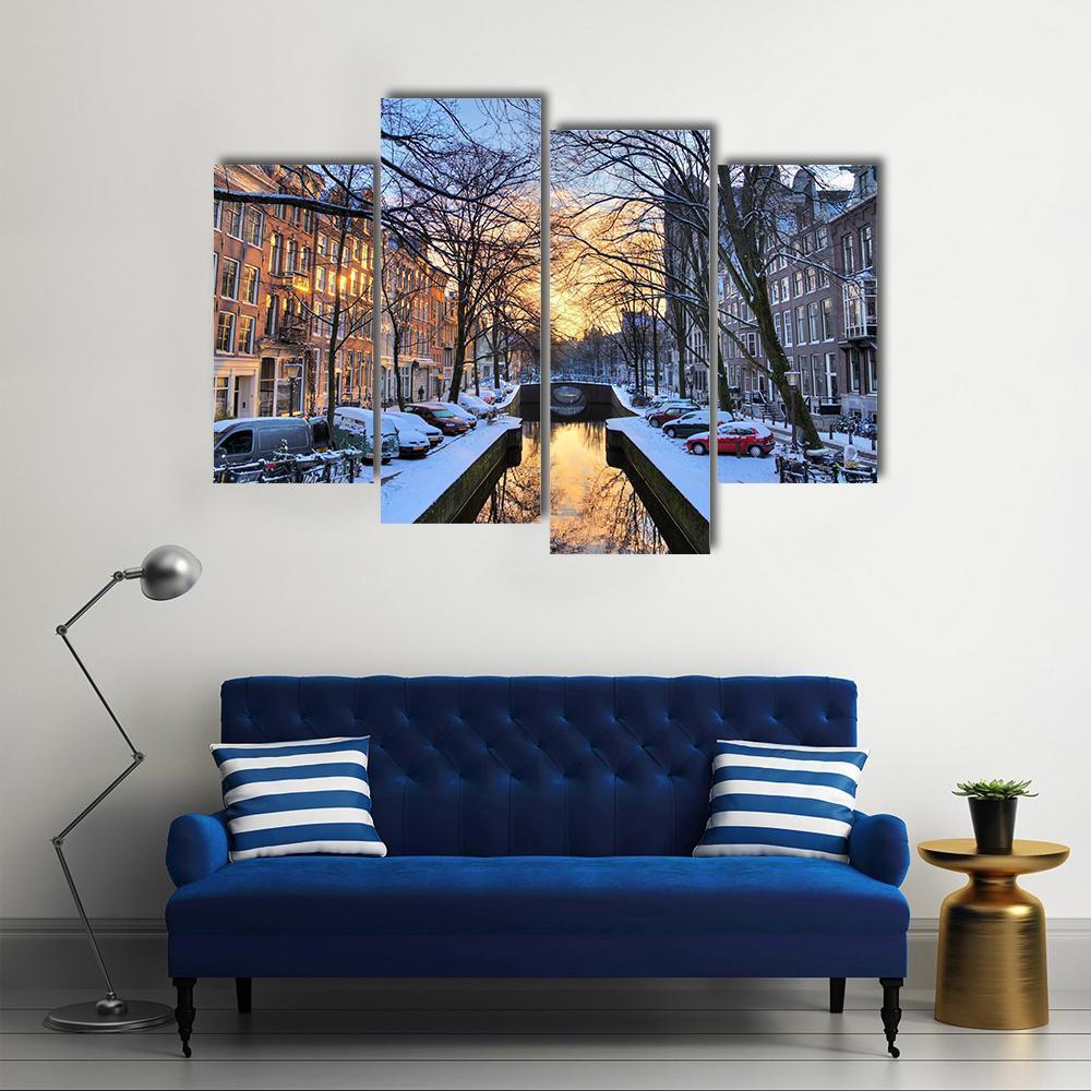 Winter View On The City Canals Of Amsterdam Canvas Wall Art-4 Pop-Gallery Wrap-50" x 32"-Tiaracle