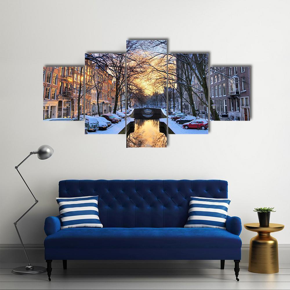 Winter View On The City Canals Of Amsterdam Canvas Wall Art-5 Star-Gallery Wrap-62" x 32"-Tiaracle