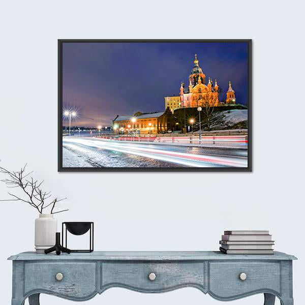Winter View The Uspenski Orthodox Cathedral Canvas Wall Art-1 Piece-Floating Frame-24" x 16"-Tiaracle