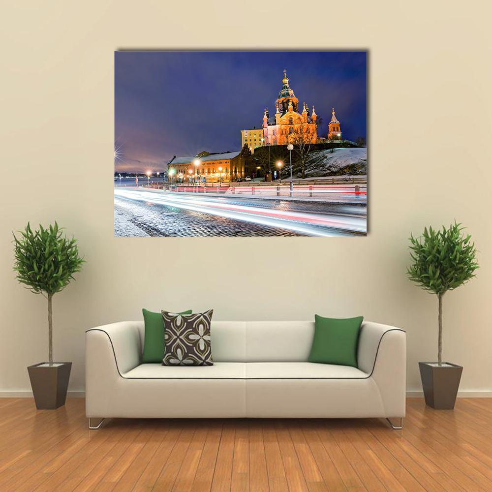 Uspenski Cathedral in Winter Evening Canvas Wall Art in white, gold and blue, single panel hung on a wall