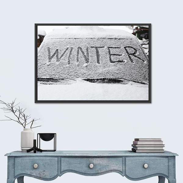 Winter With Snow Flakes On Car Screen Canvas Wall Art-1 Piece-Floating Frame-24" x 16"-Tiaracle