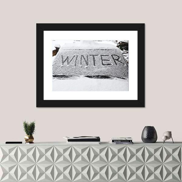 Winter With Snow Flakes On Car Screen Canvas Wall Art-1 Piece-Framed Print-20" x 16"-Tiaracle