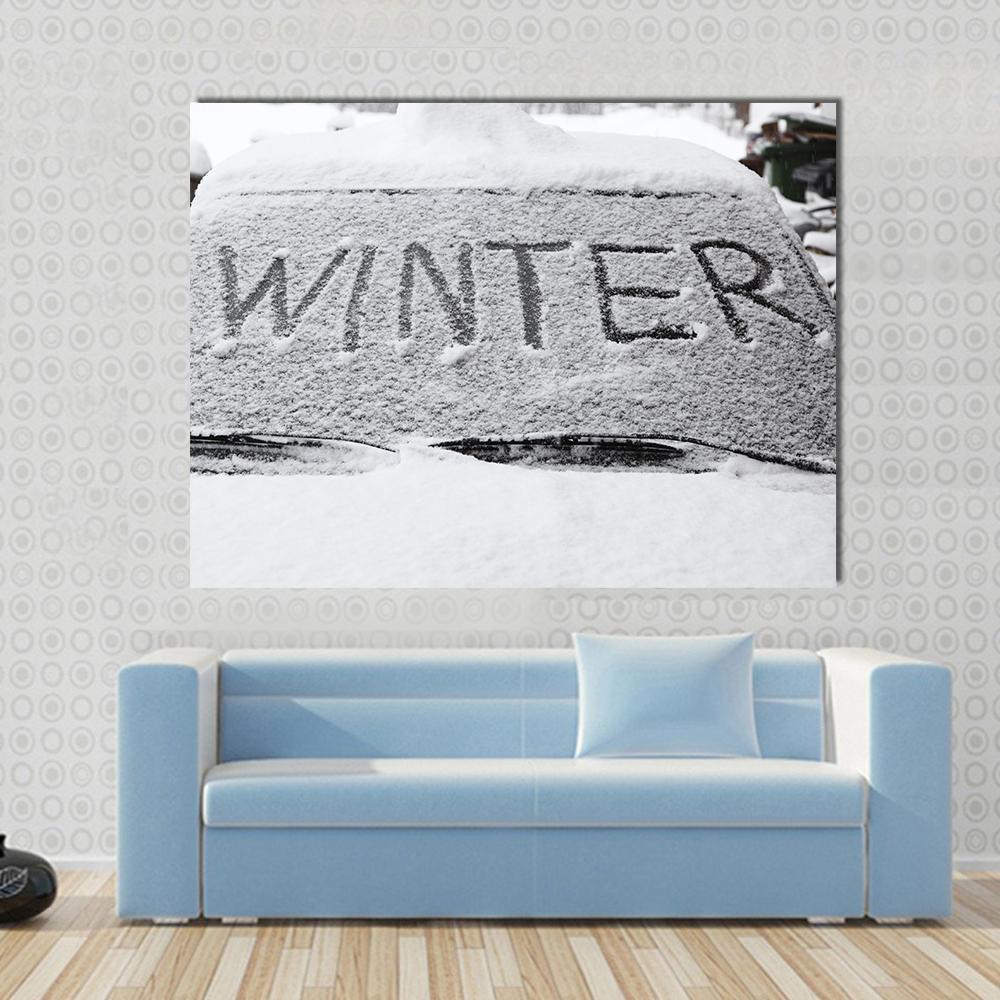 Winter with Snow Flakes on Car Screen Canvas Wall Art in black, white and gray, single panel hung on a wall