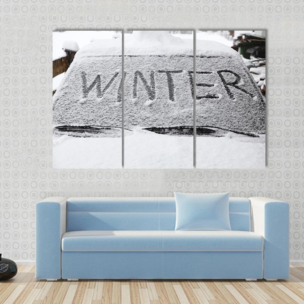 Winter With Snow Flakes On Car Screen Canvas Wall Art-3 Horizontal-Gallery Wrap-37" x 24"-Tiaracle