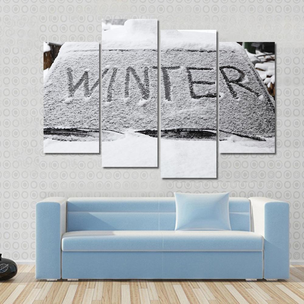 Winter With Snow Flakes On Car Screen Canvas Wall Art-4 Pop-Gallery Wrap-50" x 32"-Tiaracle