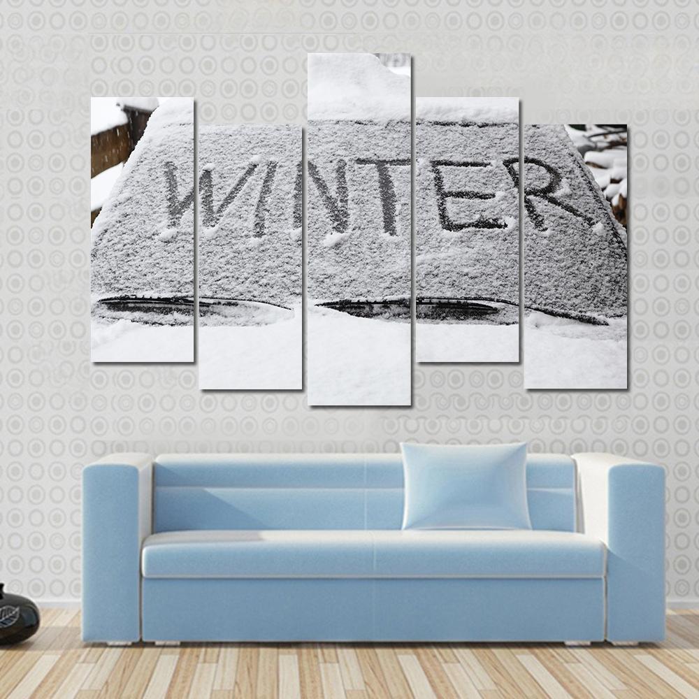 Winter With Snow Flakes On Car Screen Canvas Wall Art-5 Pop-Gallery Wrap-47" x 32"-Tiaracle