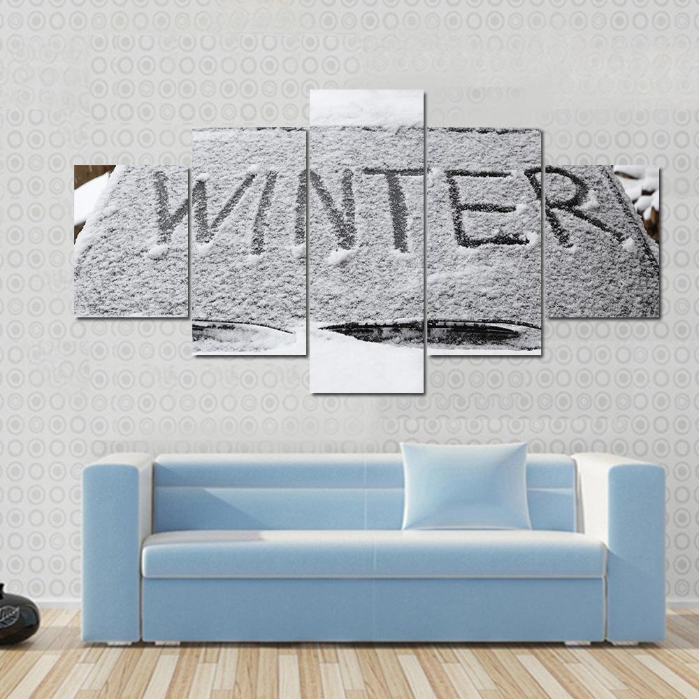 Winter With Snow Flakes On Car Screen Canvas Wall Art-5 Star-Gallery Wrap-62" x 32"-Tiaracle