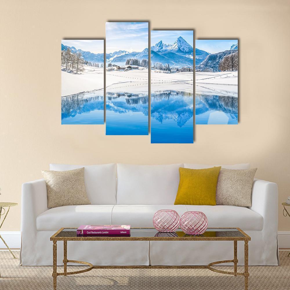 Winter Wonderland & Lake In Alps Canvas Wall Art-4 Pop-Gallery Wrap-50" x 32"-Tiaracle
