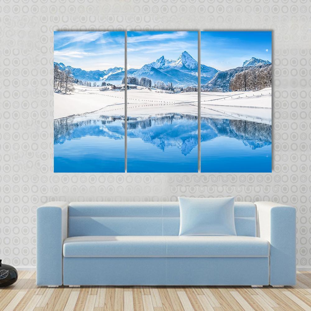 Winter Wonderland Scenery In The Alps With Snowy Mountain Canvas Wall Art-3 Horizontal-Gallery Wrap-37" x 24"-Tiaracle