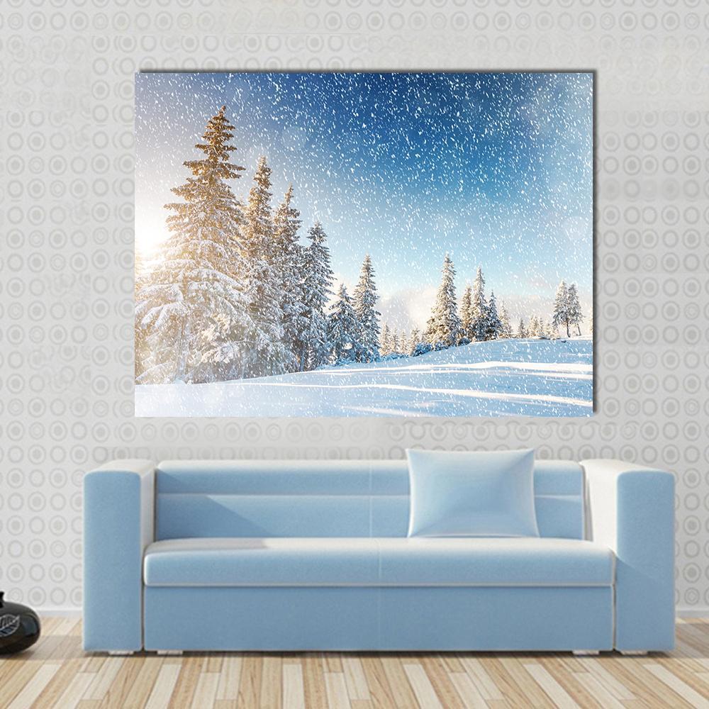 Wintry Scene in Carpathian Canvas Wall Art in white, gray and blue, single panel hung on a wall