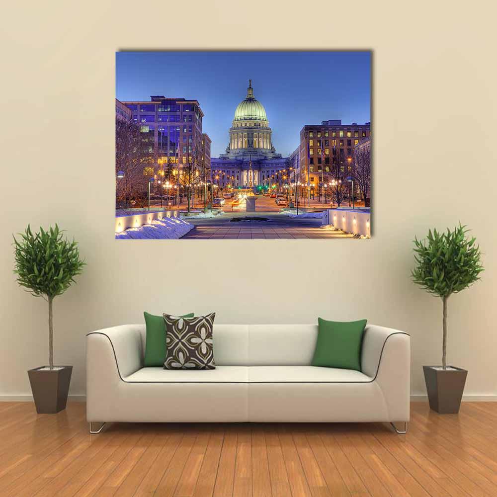 Wisconsin State Capitol at Twilight Canvas Wall Art in yellow, blue and purple, single panel hung on a wall