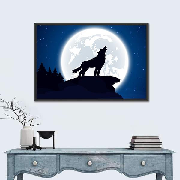 Wolf And Moon Illustration Canvas Wall Art-1 Piece-Floating Frame-36" x 24"-Tiaracle