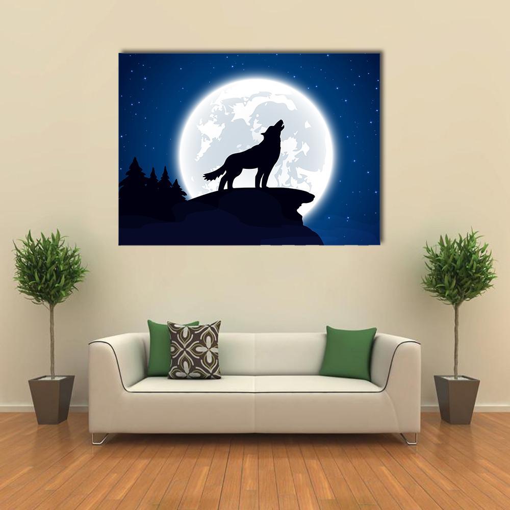 Howling Wolf Under Full Moon Canvas Wall Art in black, white and blue, single panel hung on a wall