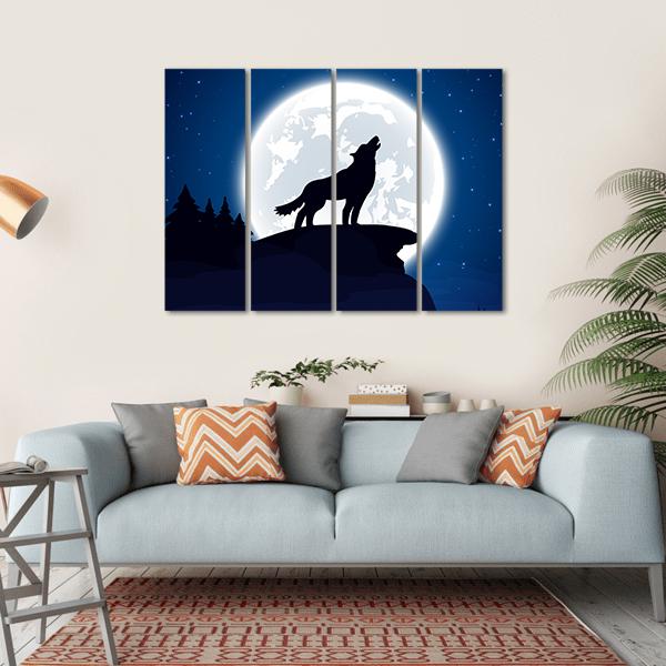 Wolf And Moon Illustration Canvas Wall Art-4 Horizontal-Gallery Wrap-34" x 24"-Tiaracle
