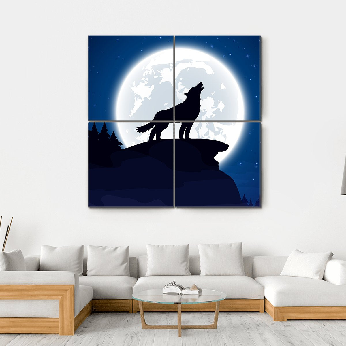 Wolf And Moon Illustration Canvas Wall Art-4 Square-Gallery Wrap-17" x 17"-Tiaracle