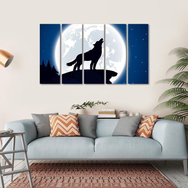 Wolf And Moon Illustration Canvas Wall Art-5 Horizontal-Gallery Wrap-22" x 12"-Tiaracle