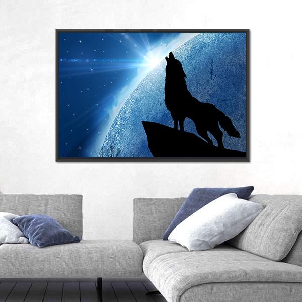 Wolf Howling At Night Canvas Wall Art-3 Horizontal-Gallery Wrap-25" x 16"-Tiaracle
