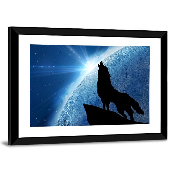Wolf Howling At Night Canvas Wall Art-5 Horizontal-Gallery Wrap-22&quot; x 12&quot;-Tiaracle