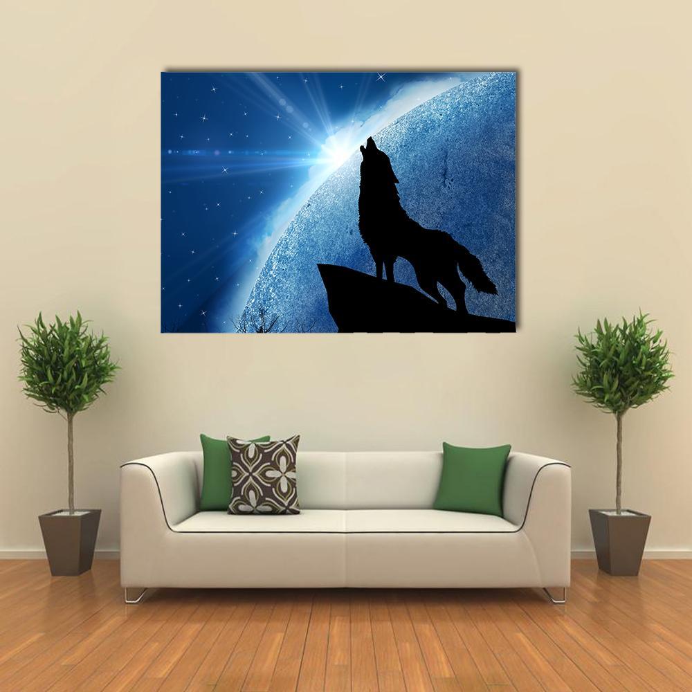 Howling Wolf Under Starry Night Sky Canvas Wall Art in black, white and blue, single panel hung on a wall