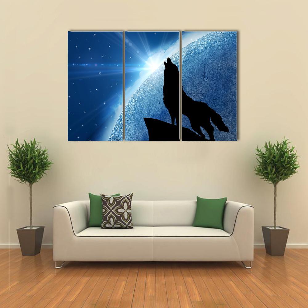 Wolf Howling At Night Canvas Wall Art-3 Horizontal-Gallery Wrap-37&quot; x 24&quot;-Tiaracle