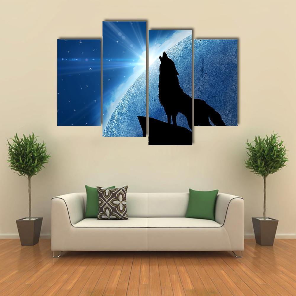Wolf Howling At Night Canvas Wall Art-4 Pop-Gallery Wrap-50&quot; x 32&quot;-Tiaracle
