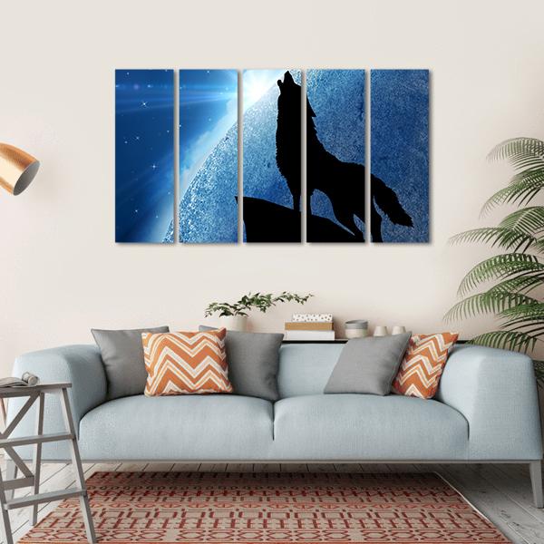 Wolf Howling At Night Canvas Wall Art-5 Horizontal-Gallery Wrap-22" x 12"-Tiaracle