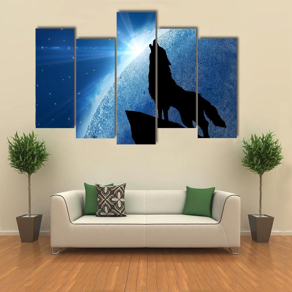Wolf Howling At Night Canvas Wall Art-5 Pop-Gallery Wrap-47&quot; x 32&quot;-Tiaracle