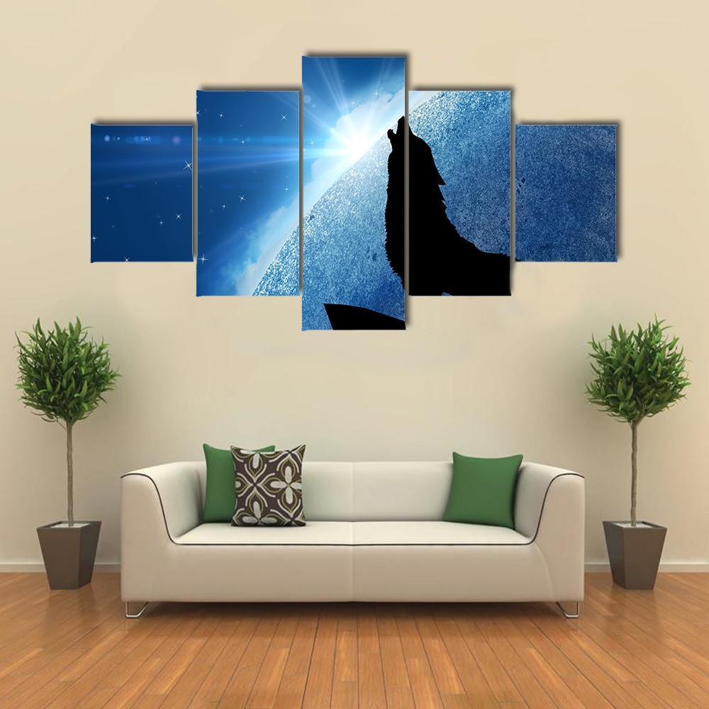 Wolf Howling At Night Canvas Wall Art-5 Star-Gallery Wrap-62&quot; x 32&quot;-Tiaracle
