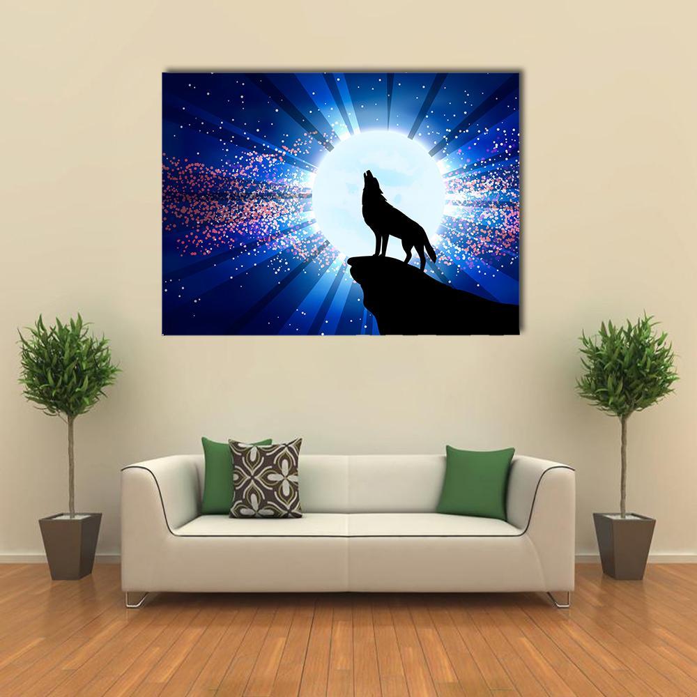 Wolf Howling at the Moon Canvas Wall Art in black, white and blue, single panel hung on a wall