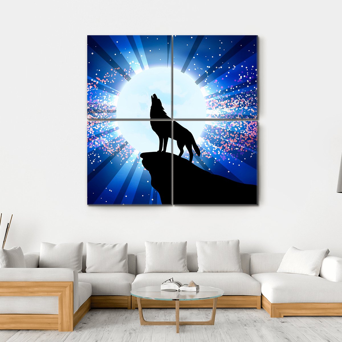 Wolf Howling At The Moon Canvas Wall Art-4 Square-Gallery Wrap-17" x 17"-Tiaracle