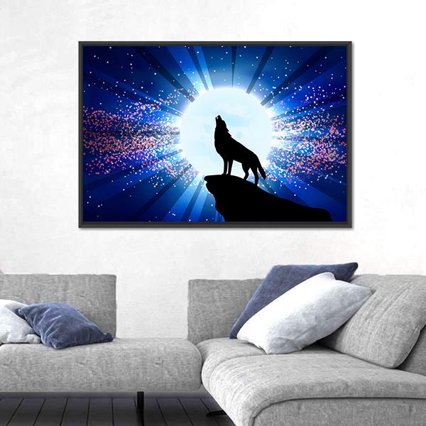 Wolf Howling At The Moon Panoramic Canvas Wall Art-1 Piece-36" x 12"-Tiaracle