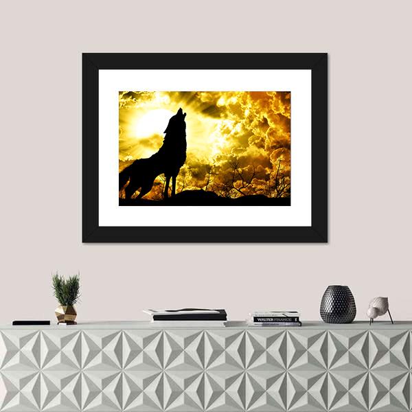 Wolf Howling At The Sunset Canvas Wall Art-1 Piece-Framed Print-20" x 16"-Tiaracle