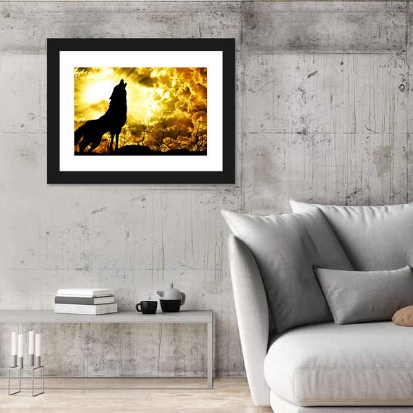 Wolf Howling At The Sunset Canvas Wall Art-3 Horizontal-Gallery Wrap-25" x 16"-Tiaracle