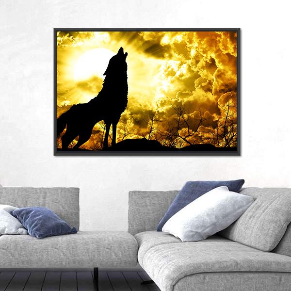 Wolf Howling At The Sunset Canvas Wall Art-3 Horizontal-Gallery Wrap-25" x 16"-Tiaracle