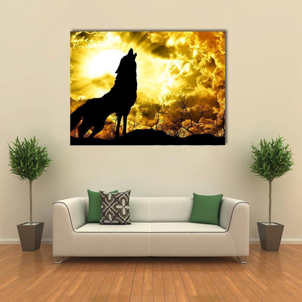 Wolf Howling At The Sunset Canvas Wall Art-1 Piece-Gallery Wrap-48" x 32"-Tiaracle