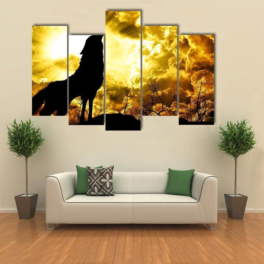 Wolf Howling At The Sunset Canvas Wall Art-5 Pop-Gallery Wrap-47&quot; x 32&quot;-Tiaracle