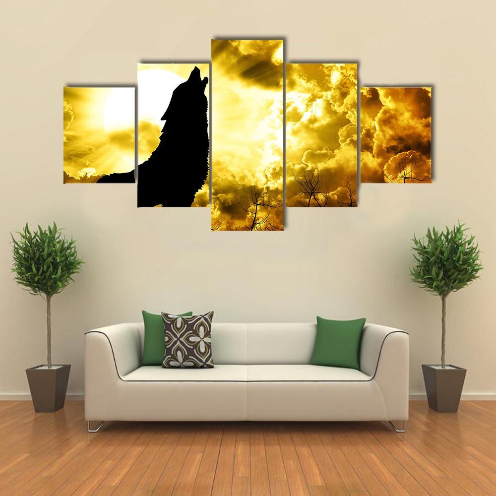 Wolf Howling At The Sunset Canvas Wall Art-5 Star-Gallery Wrap-62" x 32"-Tiaracle
