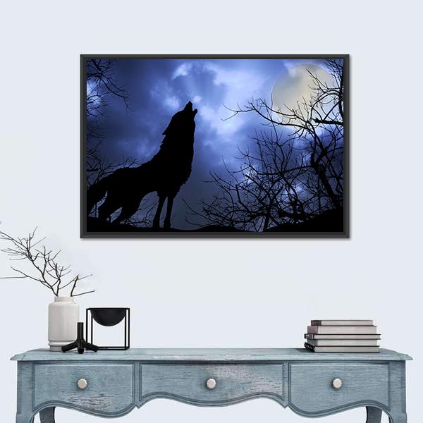 Wolf Howling In Dark Canvas Wall Art-1 Piece-Floating Frame-24" x 16"-Tiaracle