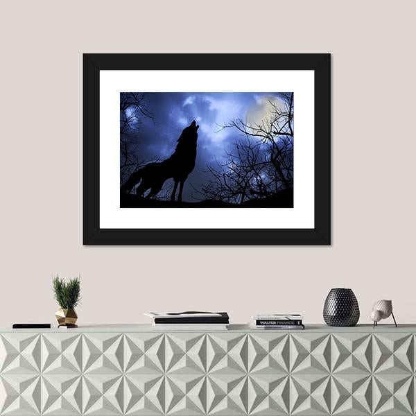 Wolf Howling In Dark Canvas Wall Art-1 Piece-Framed Print-20" x 16"-Tiaracle