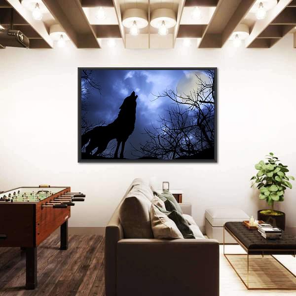 Wolf Howling In Dark Canvas Wall Art-3 Horizontal-Gallery Wrap-25" x 16"-Tiaracle