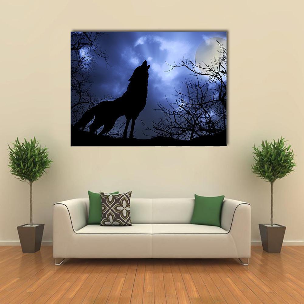 Wolf Howling in Dark Canvas Wall Art in black, blue and navy, single panel hung on a wall
